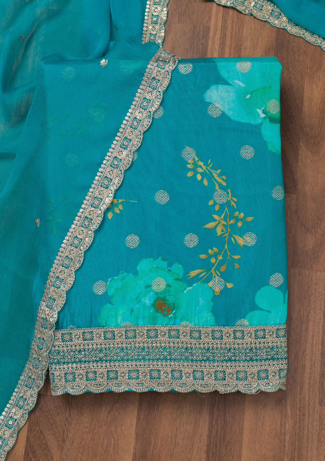 Sea Green Printed Semi Crepe Unstitched Salwar Suit