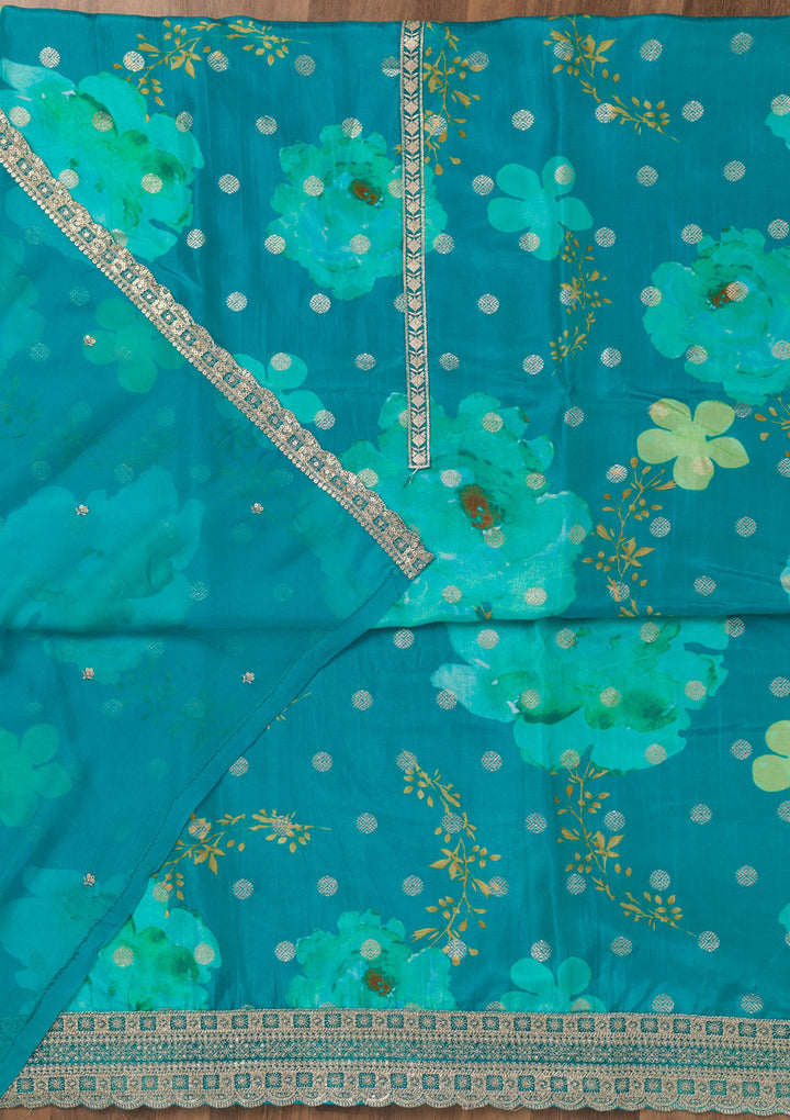 Sea Green Printed Semi Crepe Unstitched Salwar Suit