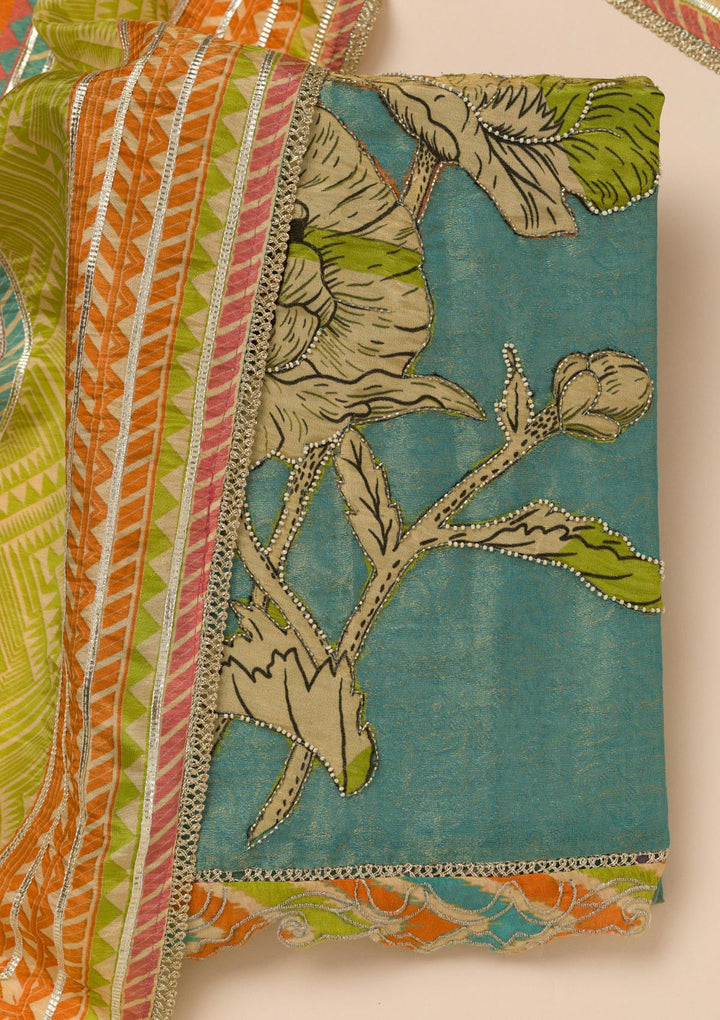Sea Green Printed Semi Crepe Unstitched Salwar Suit
