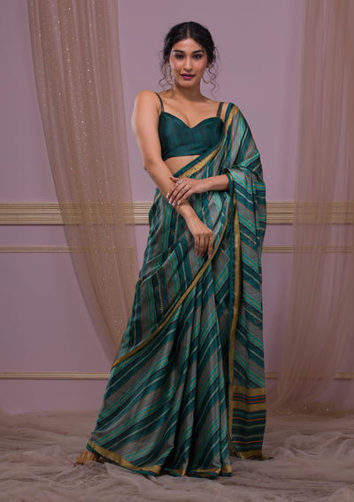 Sea Green Printed Semi Crepe Designer Saree-Koskii