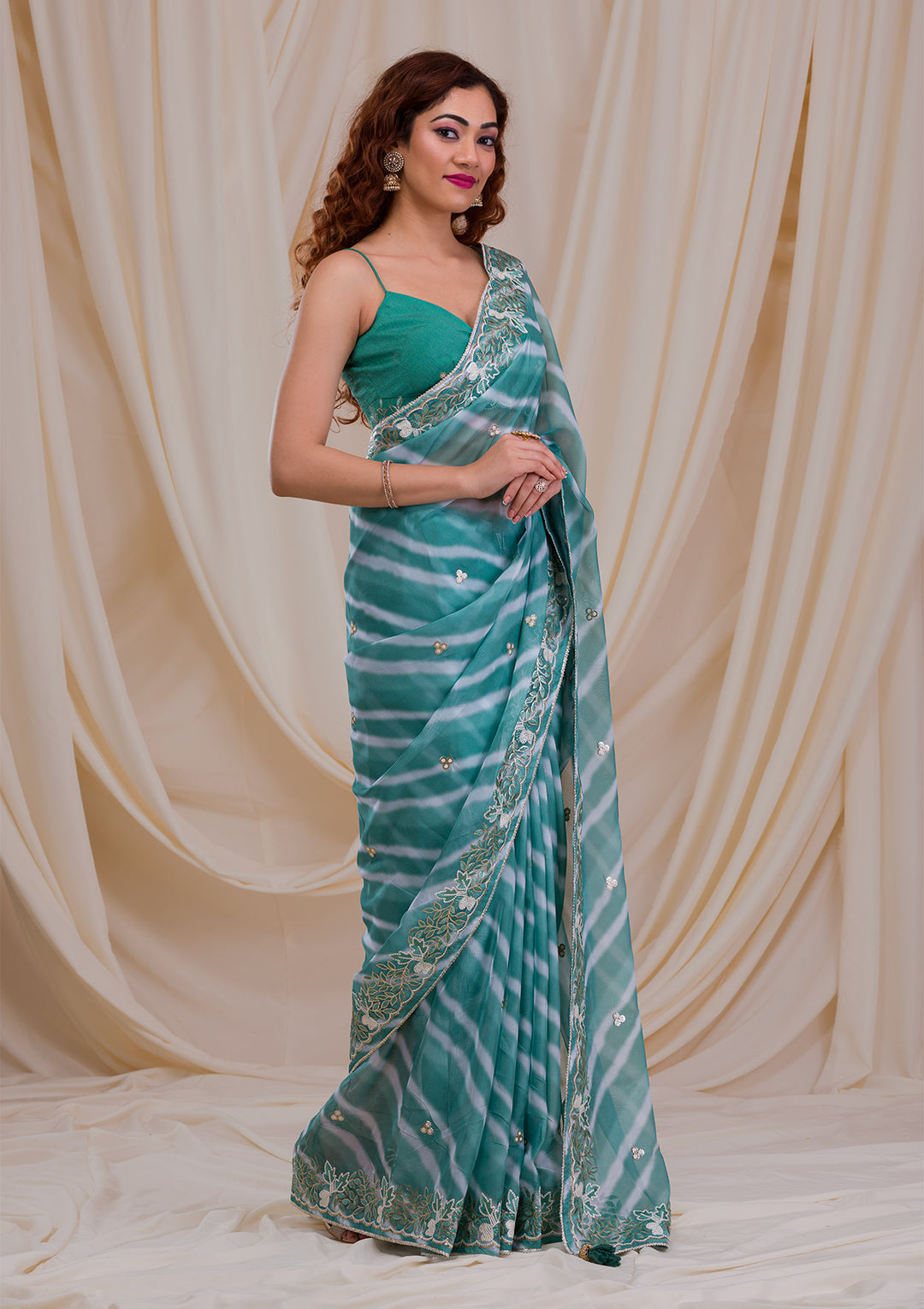 Sea Green Lehriya Printed Semi Crepe Saree