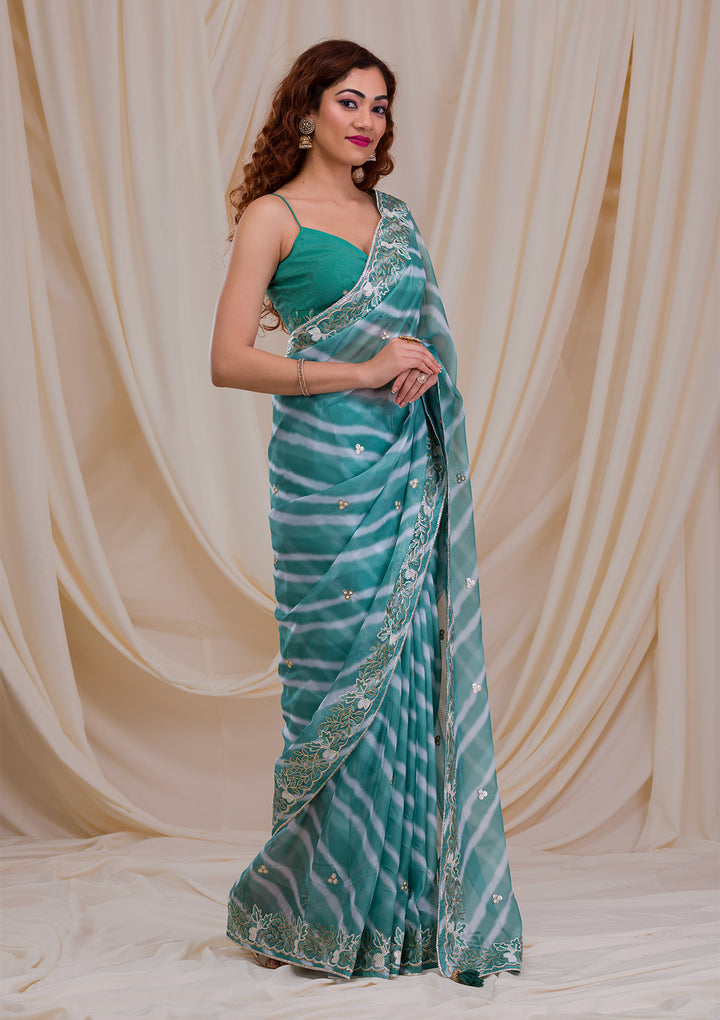 Sea Green Lehriya Printed Semi Crepe Saree