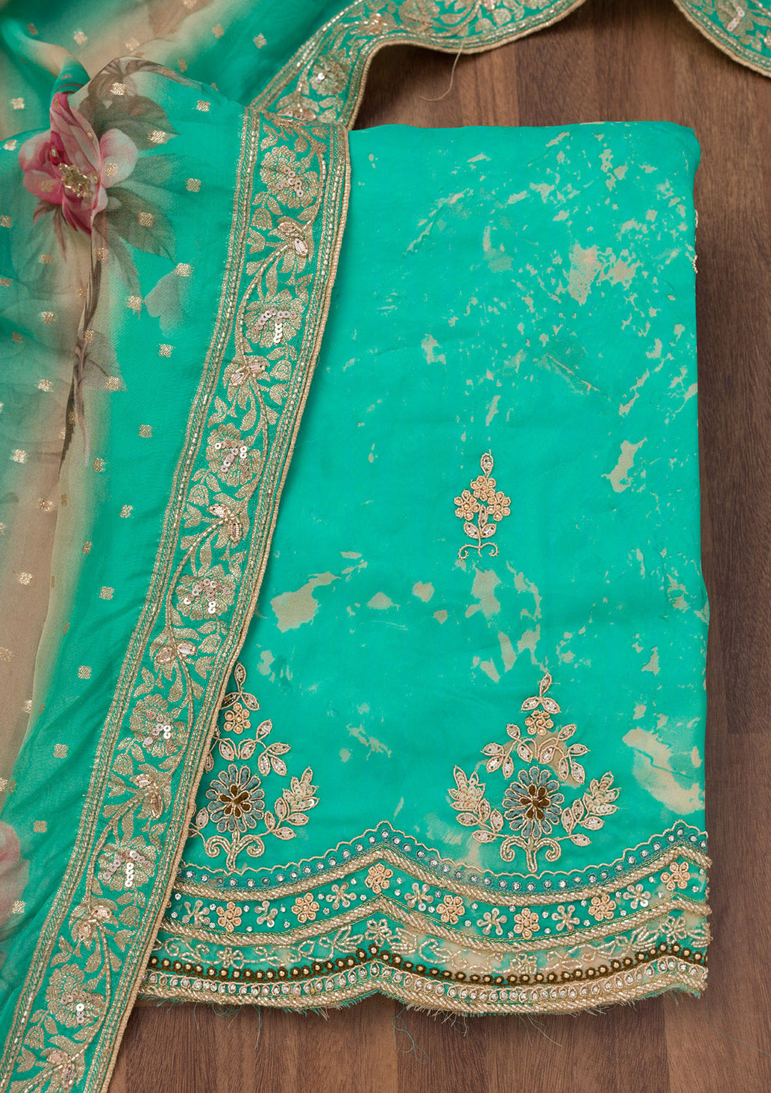 Sea Green Printed Tissue Unstitched Salwar Suit