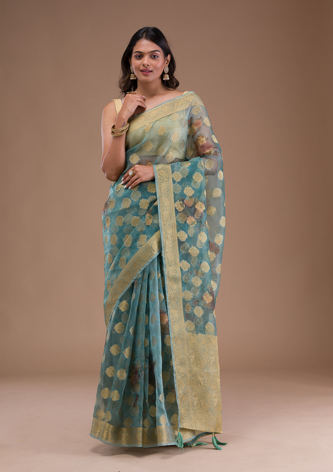 Sea Green Printed Tissue Saree