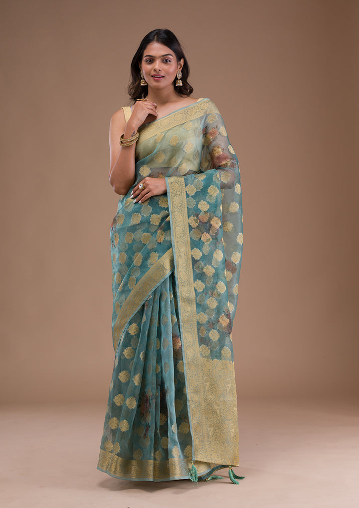 Sea Green Printed Tissue Saree