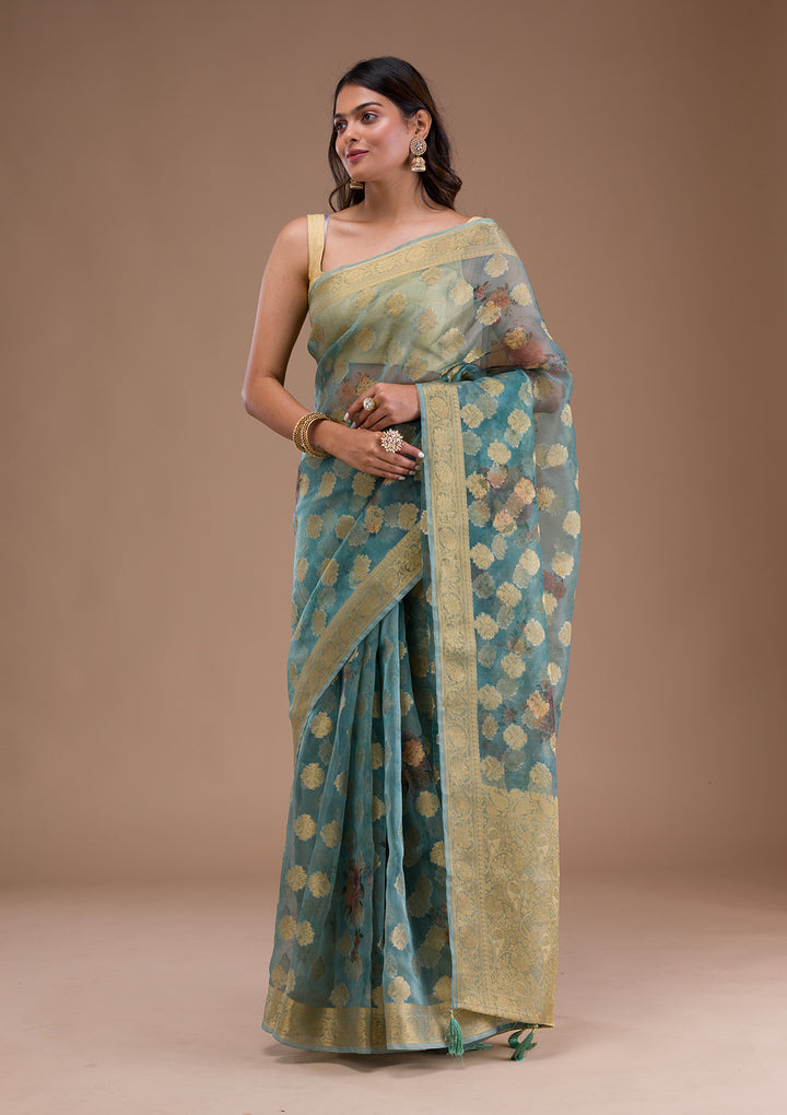 Sea Green Printed Tissue Saree