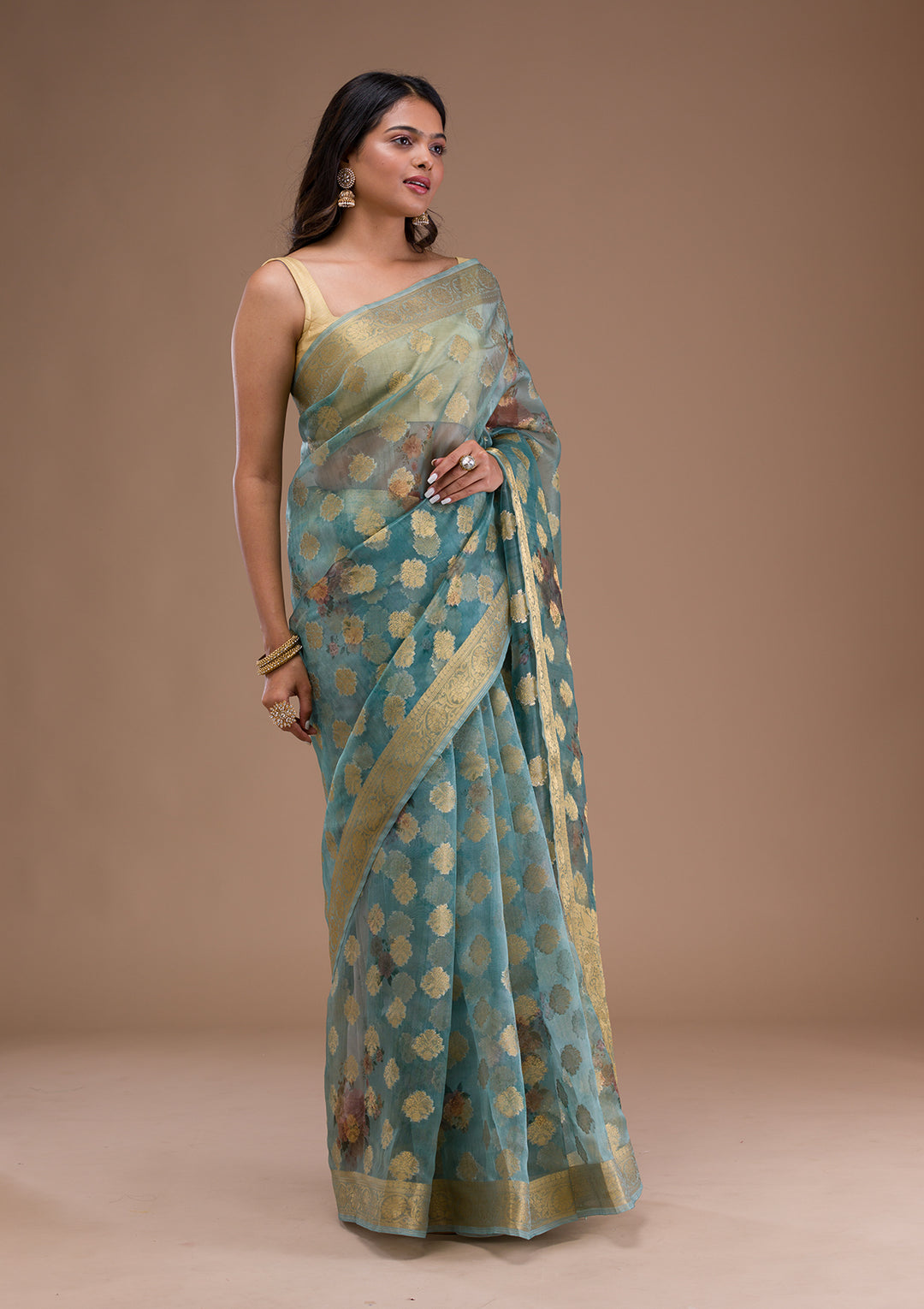 Sea Green Printed Tissue Saree