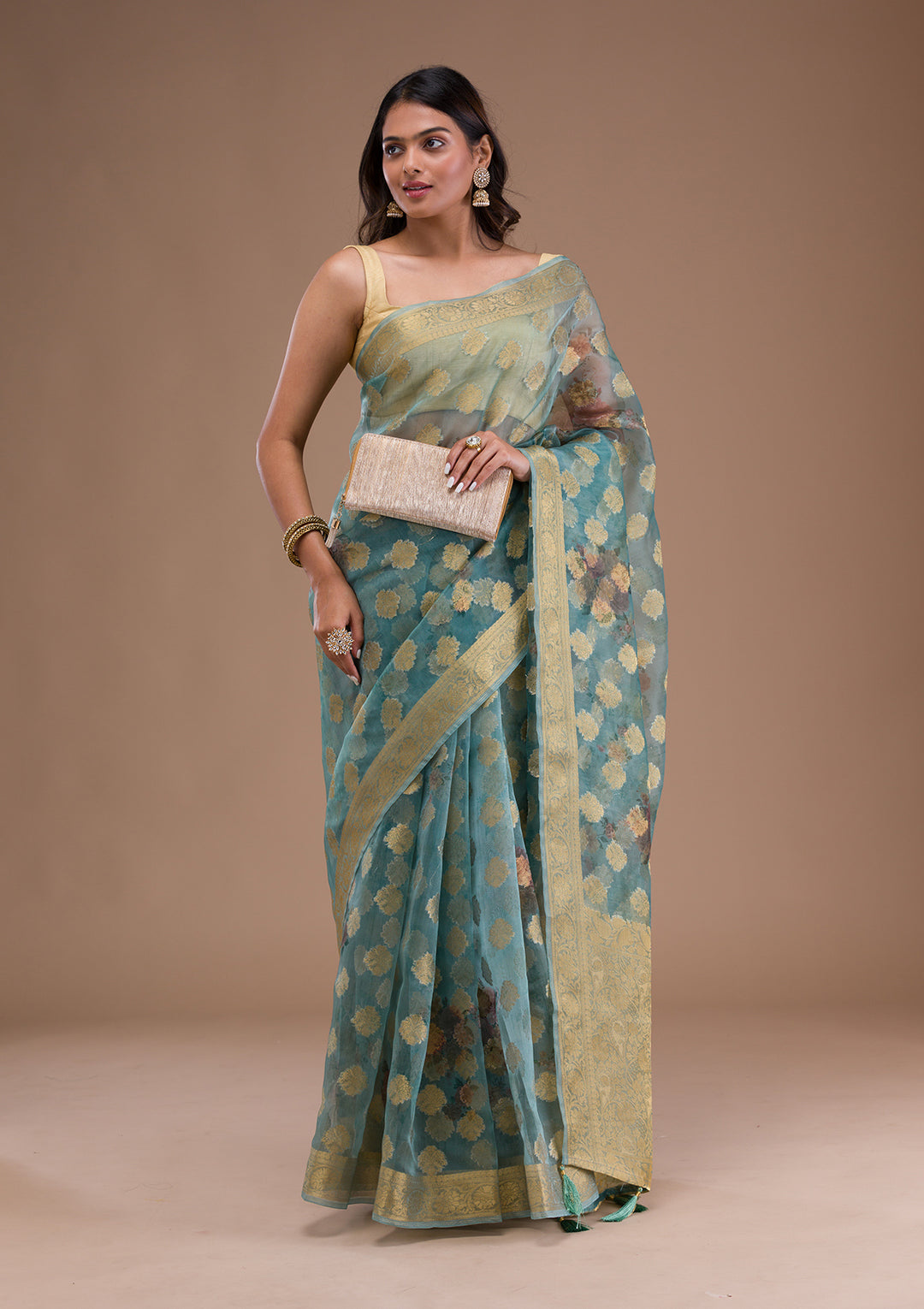 Sea Green Printed Tissue Saree