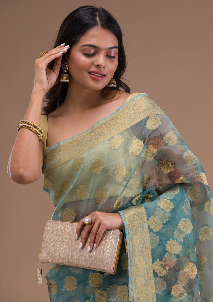 Sea Green Printed Tissue Saree
