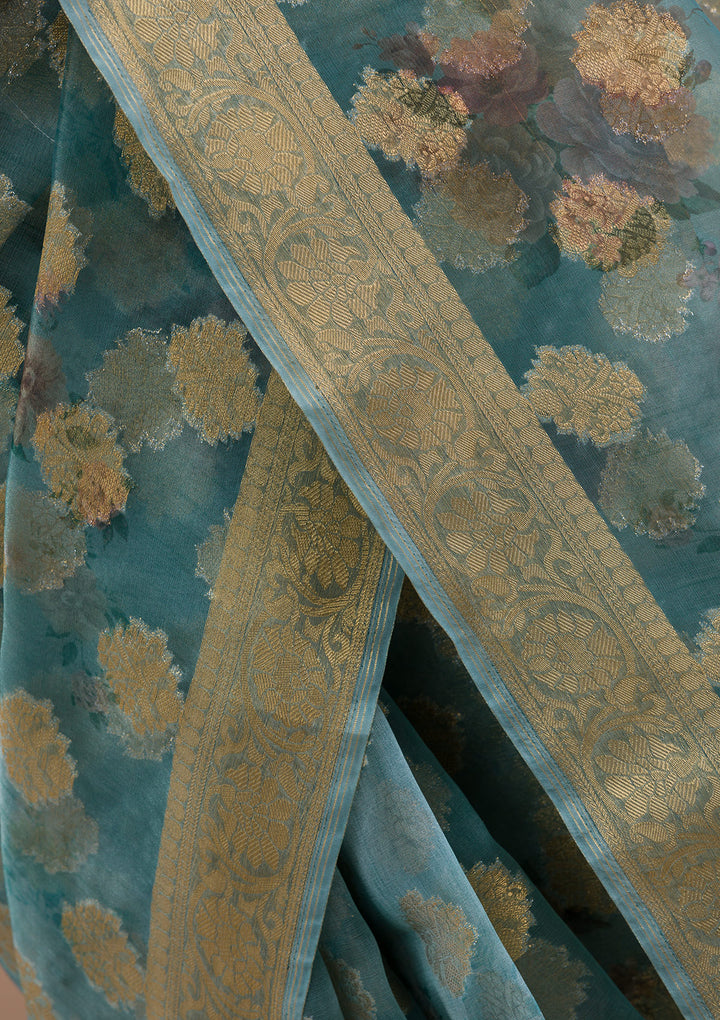 Sea Green Printed Tissue Saree