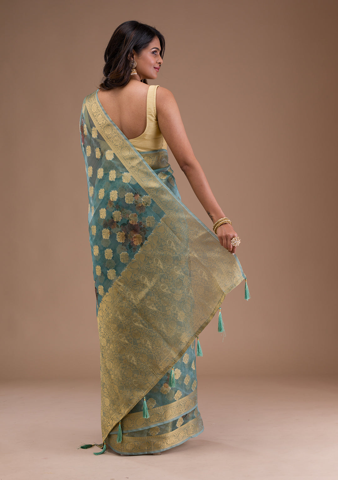 Sea Green Printed Tissue Saree