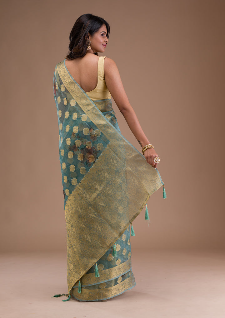 Sea Green Printed Tissue Saree
