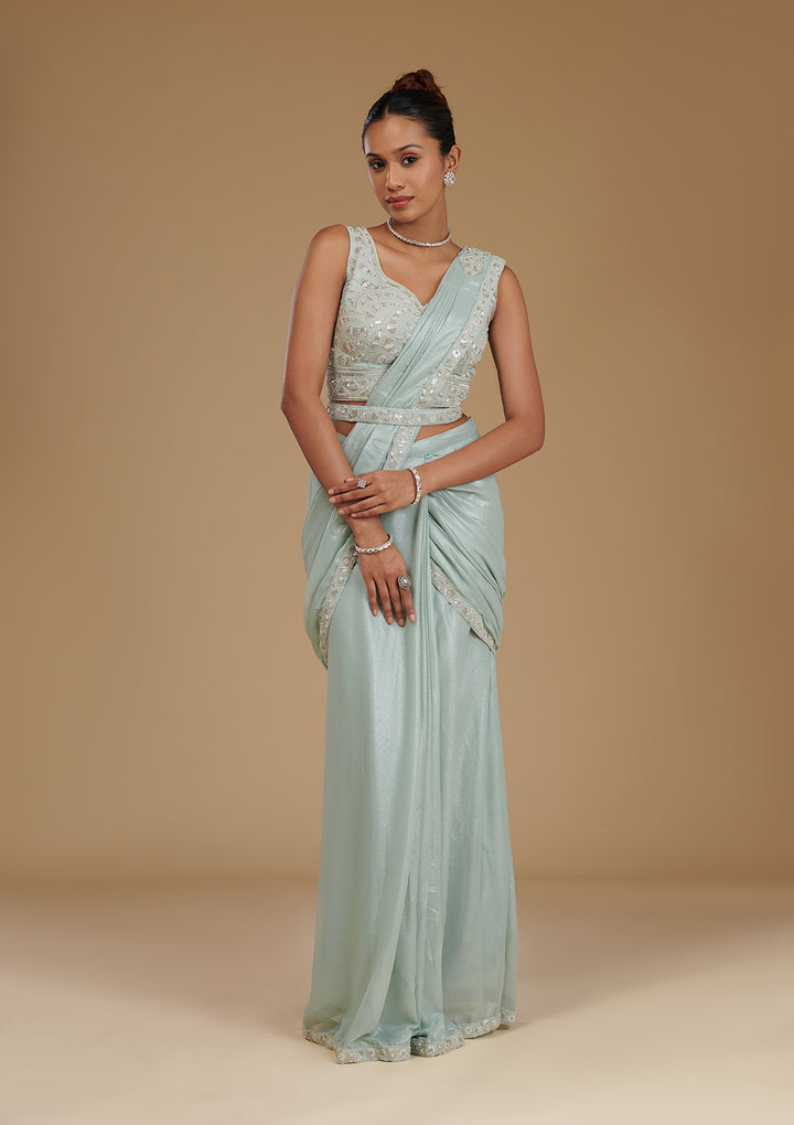 Sea Green Sequins Chiffon Readymade Saree
