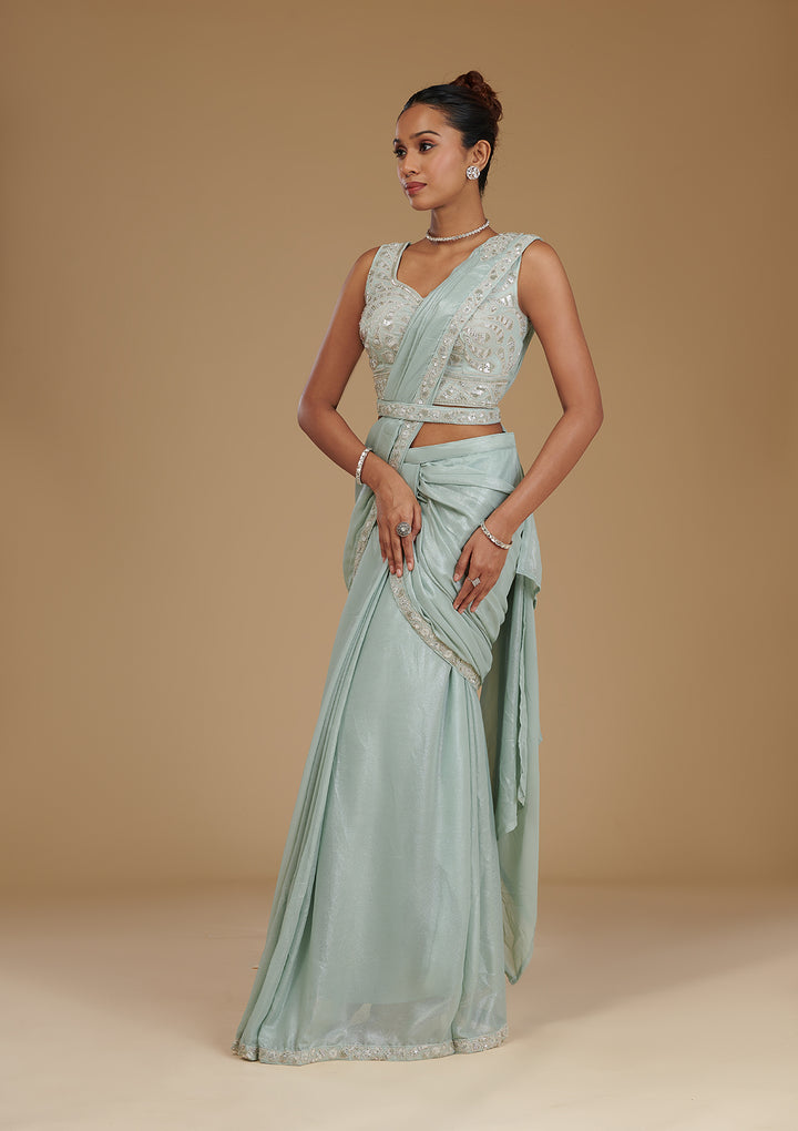 Sea Green Sequins Chiffon Readymade Saree