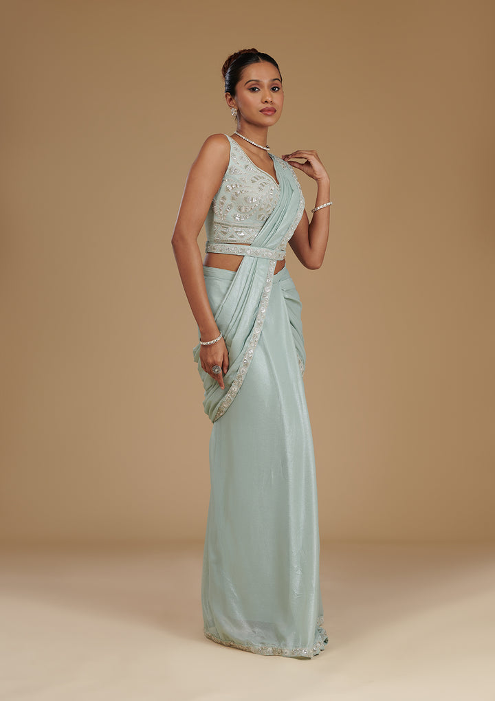 Sea Green Sequins Chiffon Readymade Saree