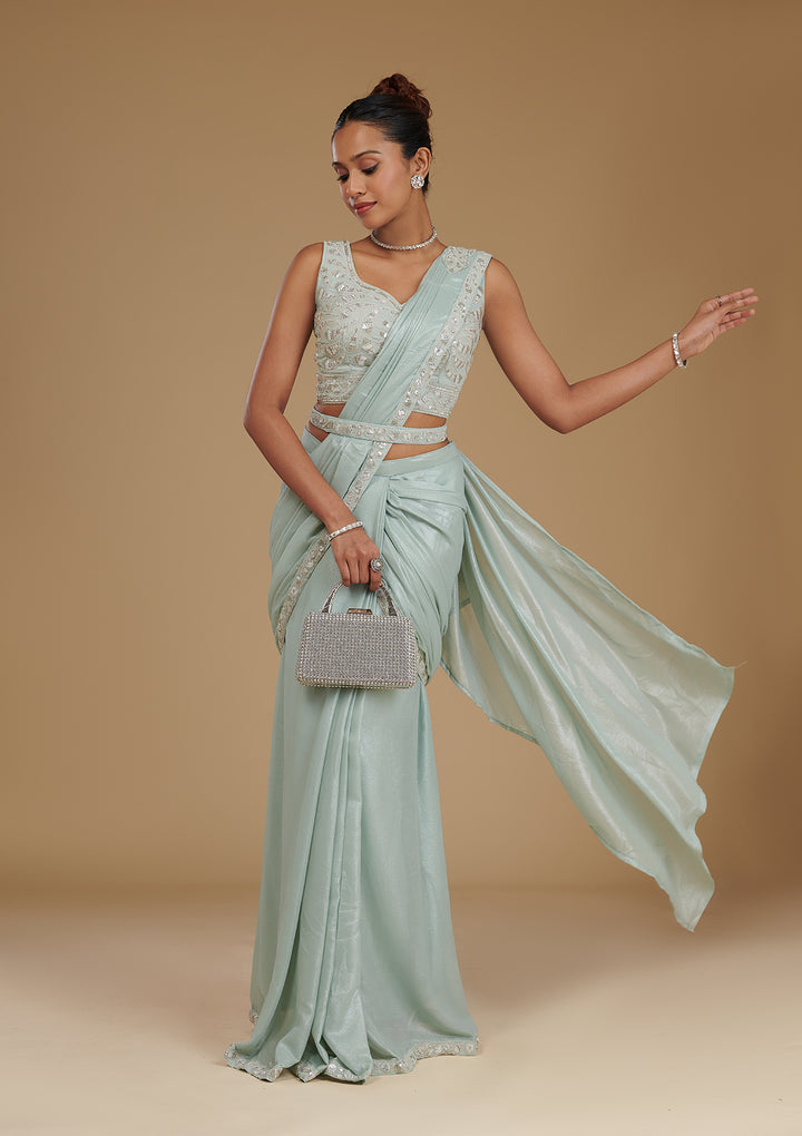 Sea Green Sequins Chiffon Readymade Saree