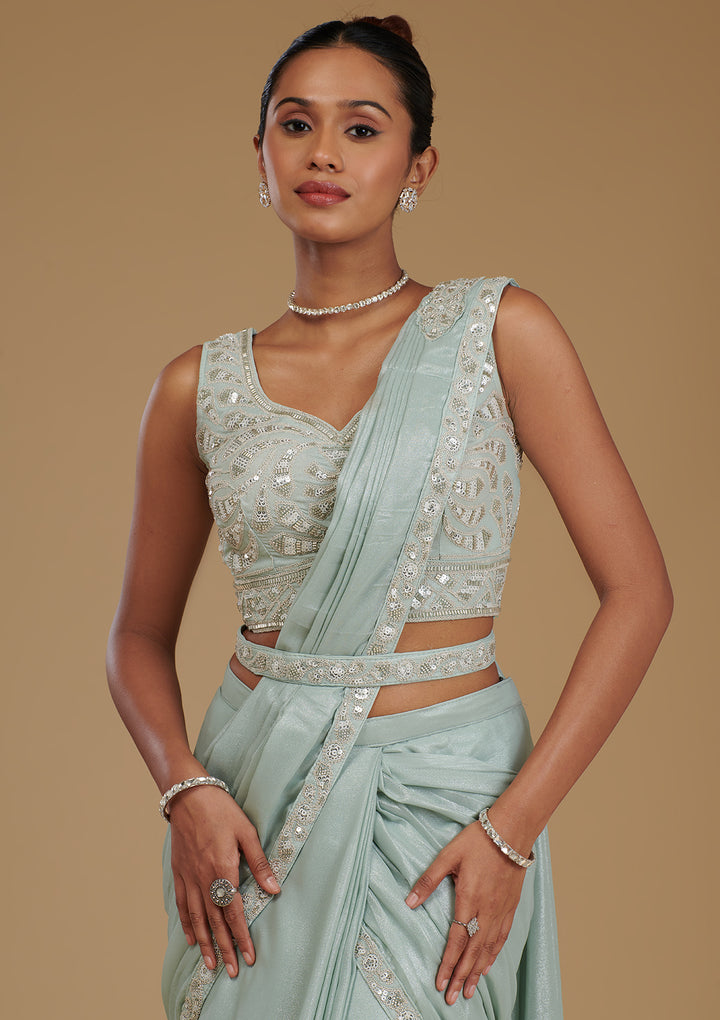 Sea Green Sequins Chiffon Readymade Saree