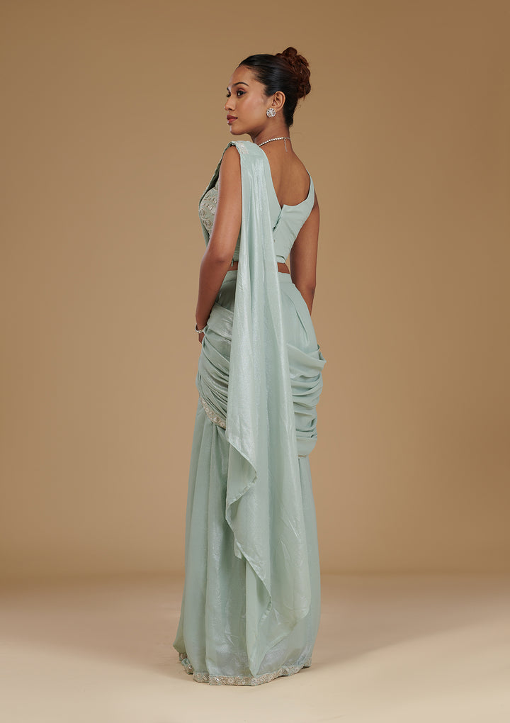 Sea Green Sequins Chiffon Readymade Saree