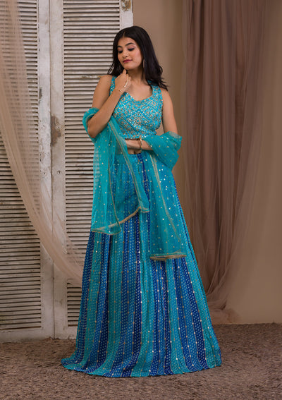 Sea Green Sequins Georgette Readymade Lehenga-Koskii