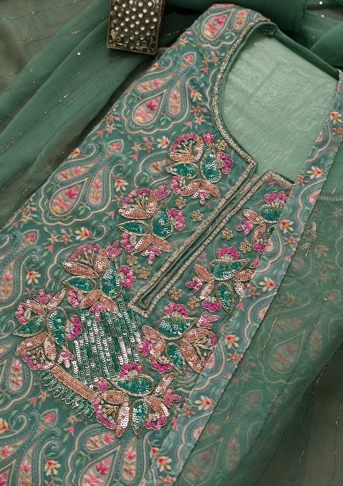 Sea Green Threadwork Georgette Unstitched Salwar Suit