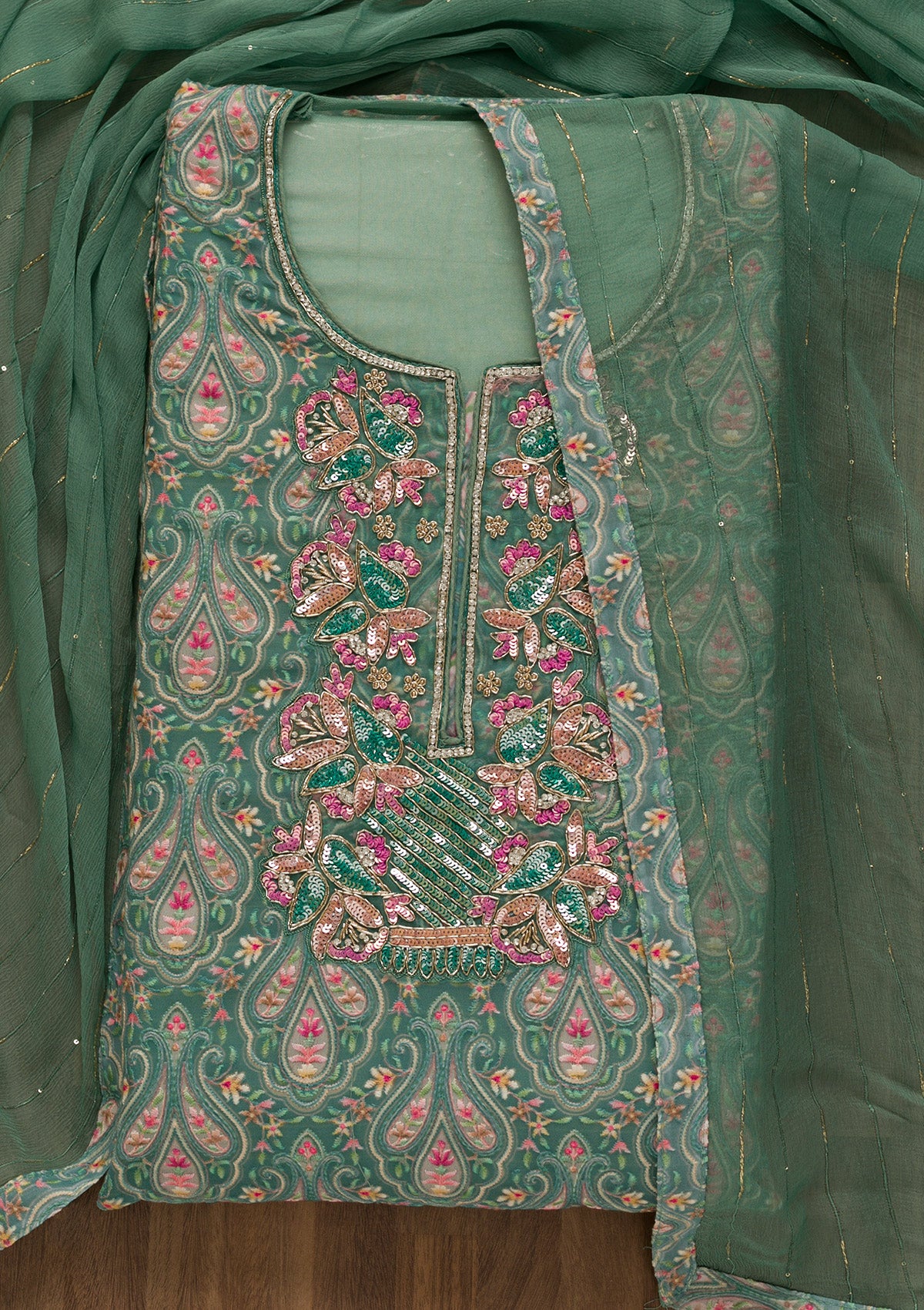 Sea Green Threadwork Georgette Unstitched Salwar Suit