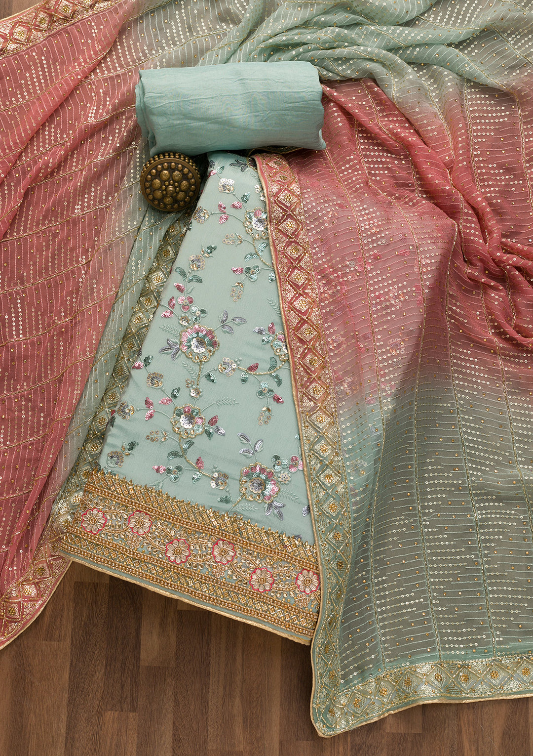 Sea Green Sequins Georgette Unstitched Salwar Suit