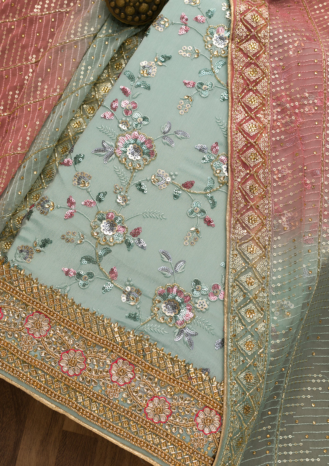 Sea Green Sequins Georgette Unstitched Salwar Suit