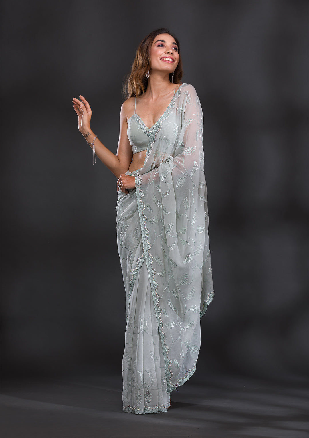 Sea Green Sequins Georgette Saree