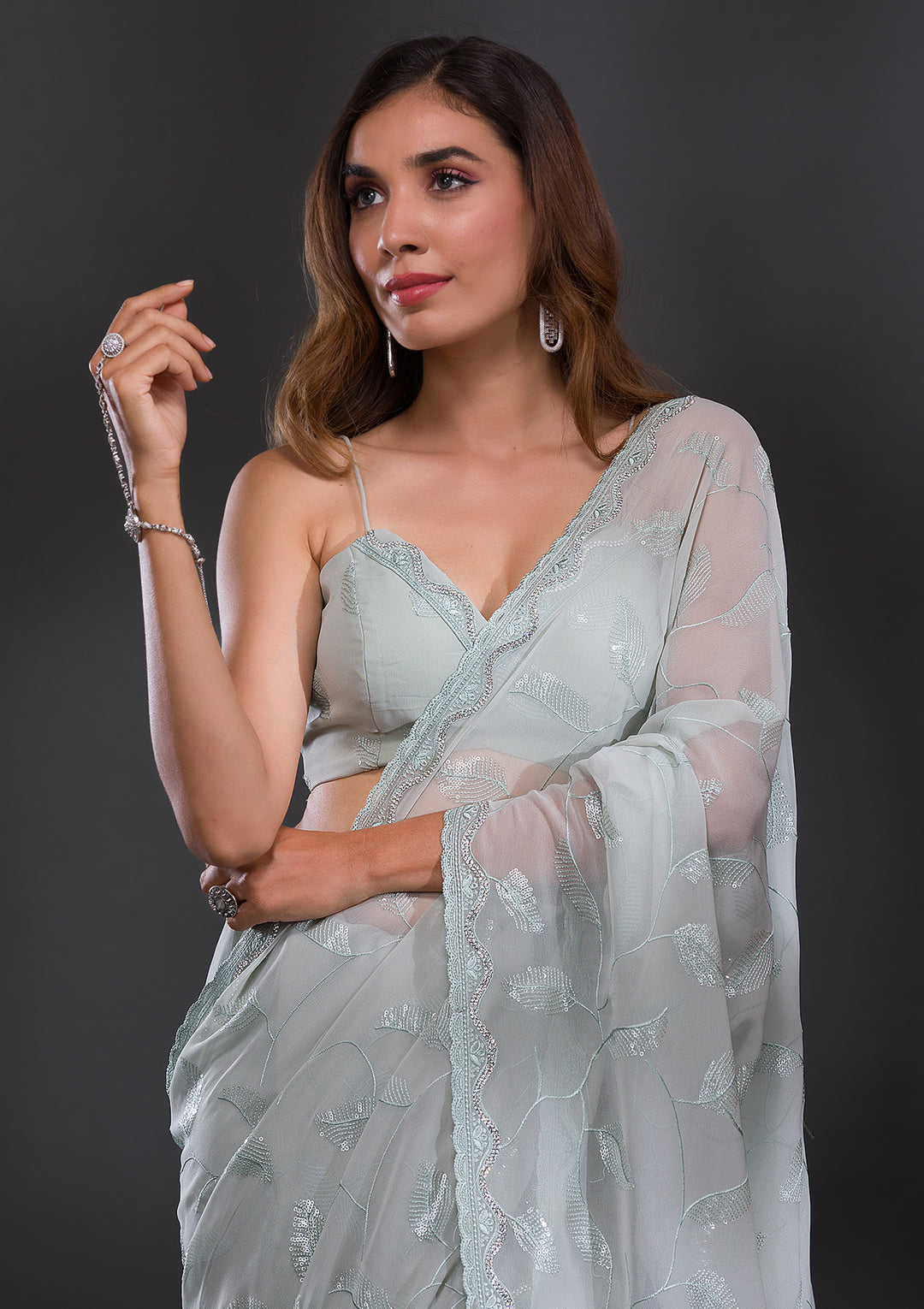 Sea Green Sequins Georgette Saree