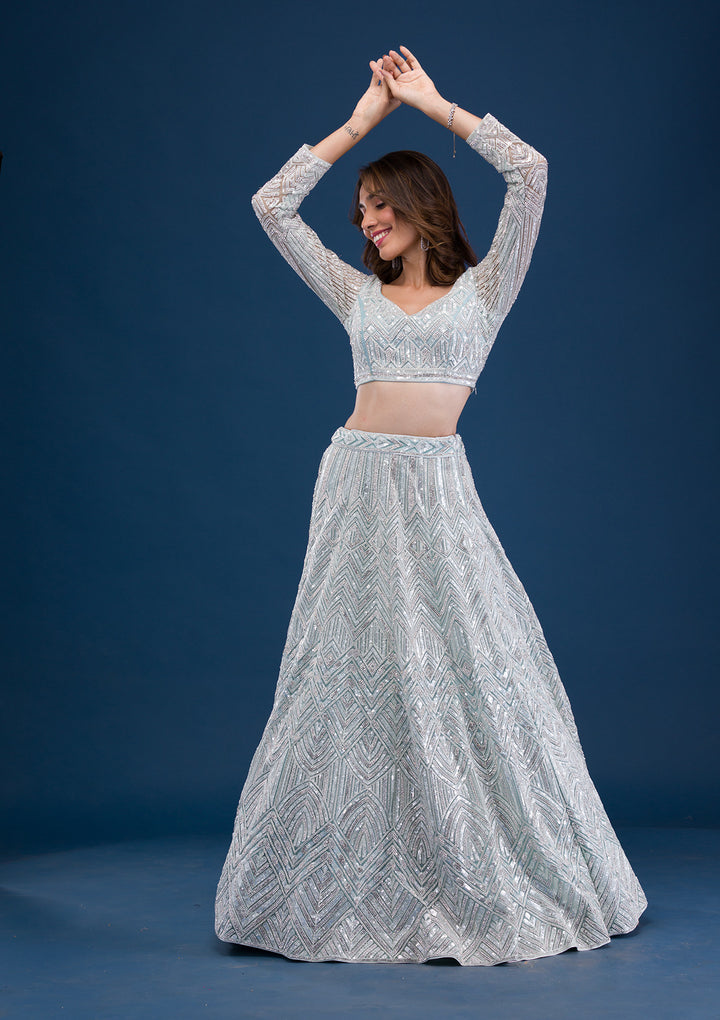 Sea Green Sequins Net Semi Stitched Lehenga