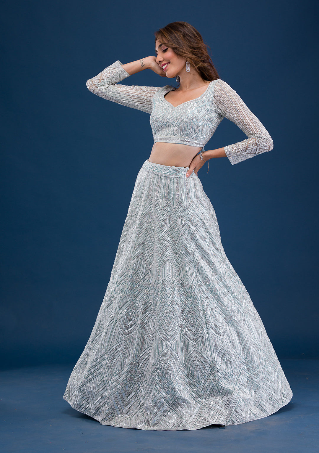 Sea Green Sequins Net Semi Stitched Lehenga