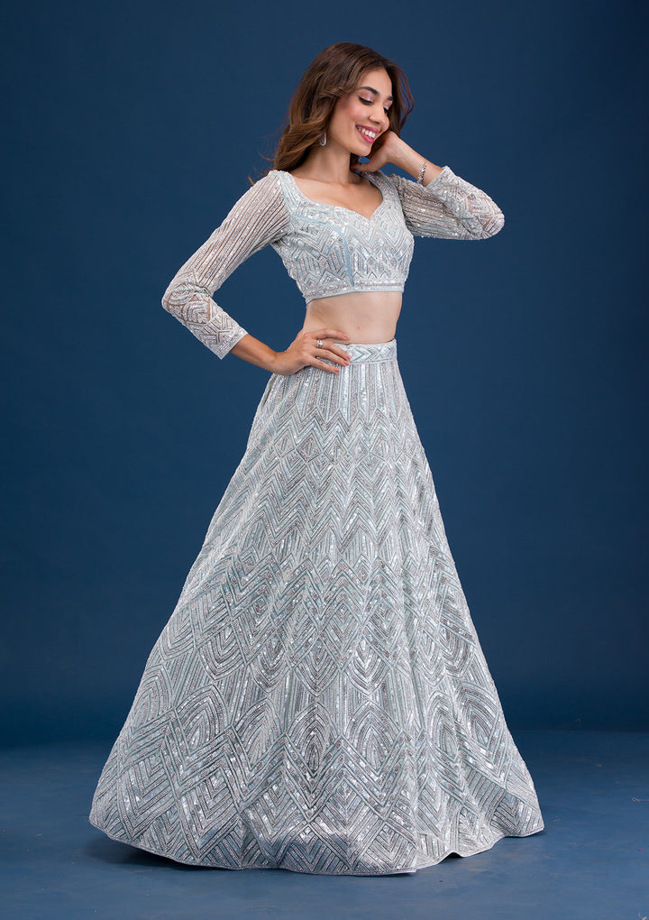 Sea Green Sequins Net Semi Stitched Lehenga