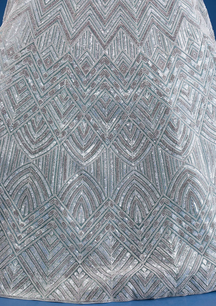 Sea Green Sequins Net Semi Stitched Lehenga