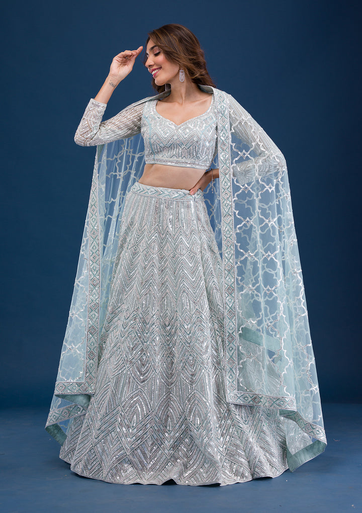 Sea Green Sequins Net Semi Stitched Lehenga