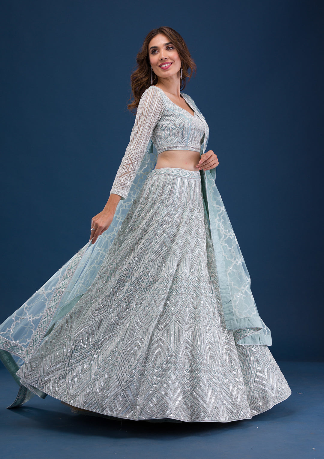 Sea Green Sequins Net Semi Stitched Lehenga