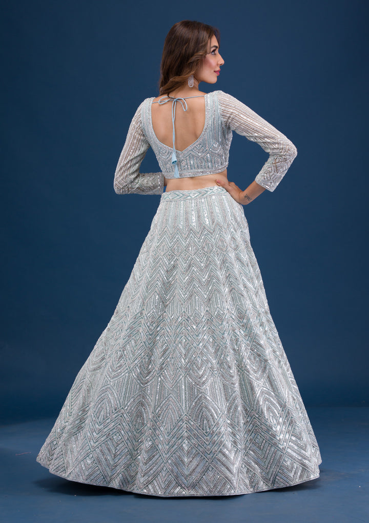 Sea Green Sequins Net Semi Stitched Lehenga