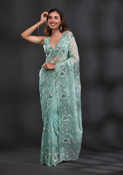 Sea Green Sequins Tissue Saree-Koskii