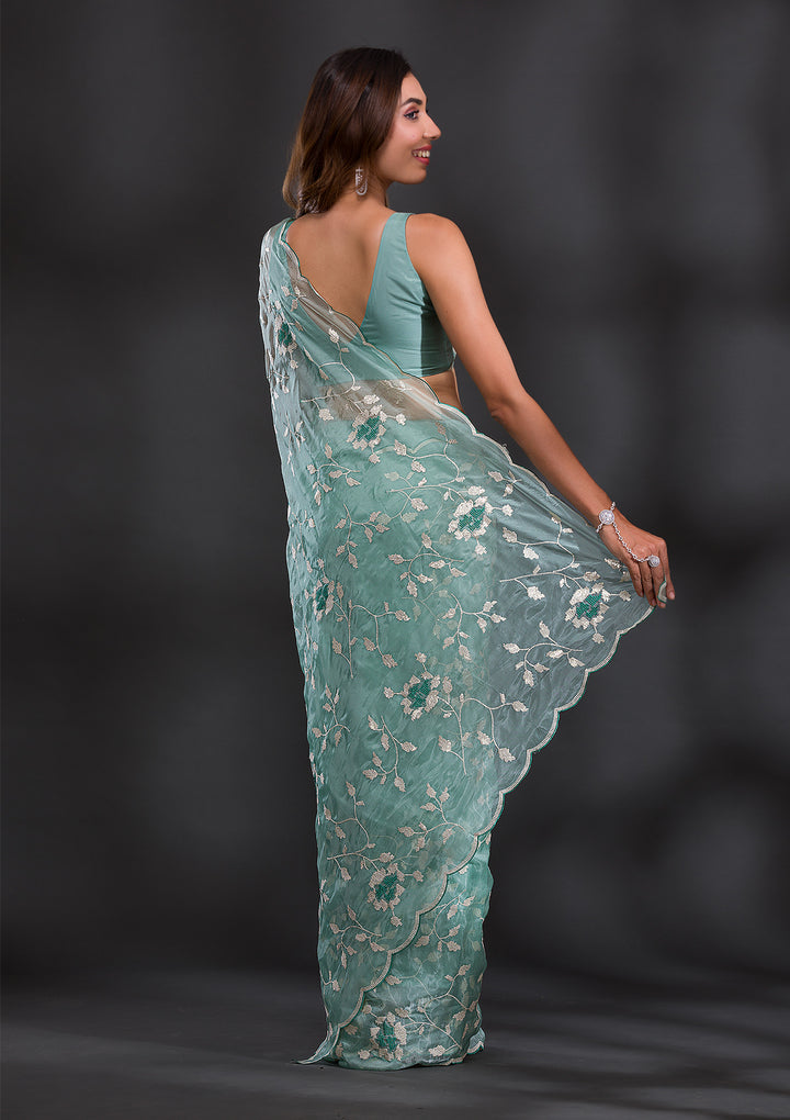 Sea Green Sequins Organza Saree
