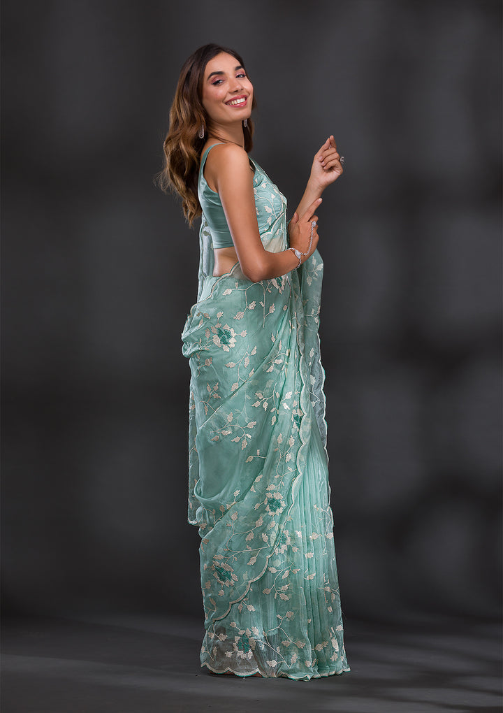Sea Green Sequins Organza Saree
