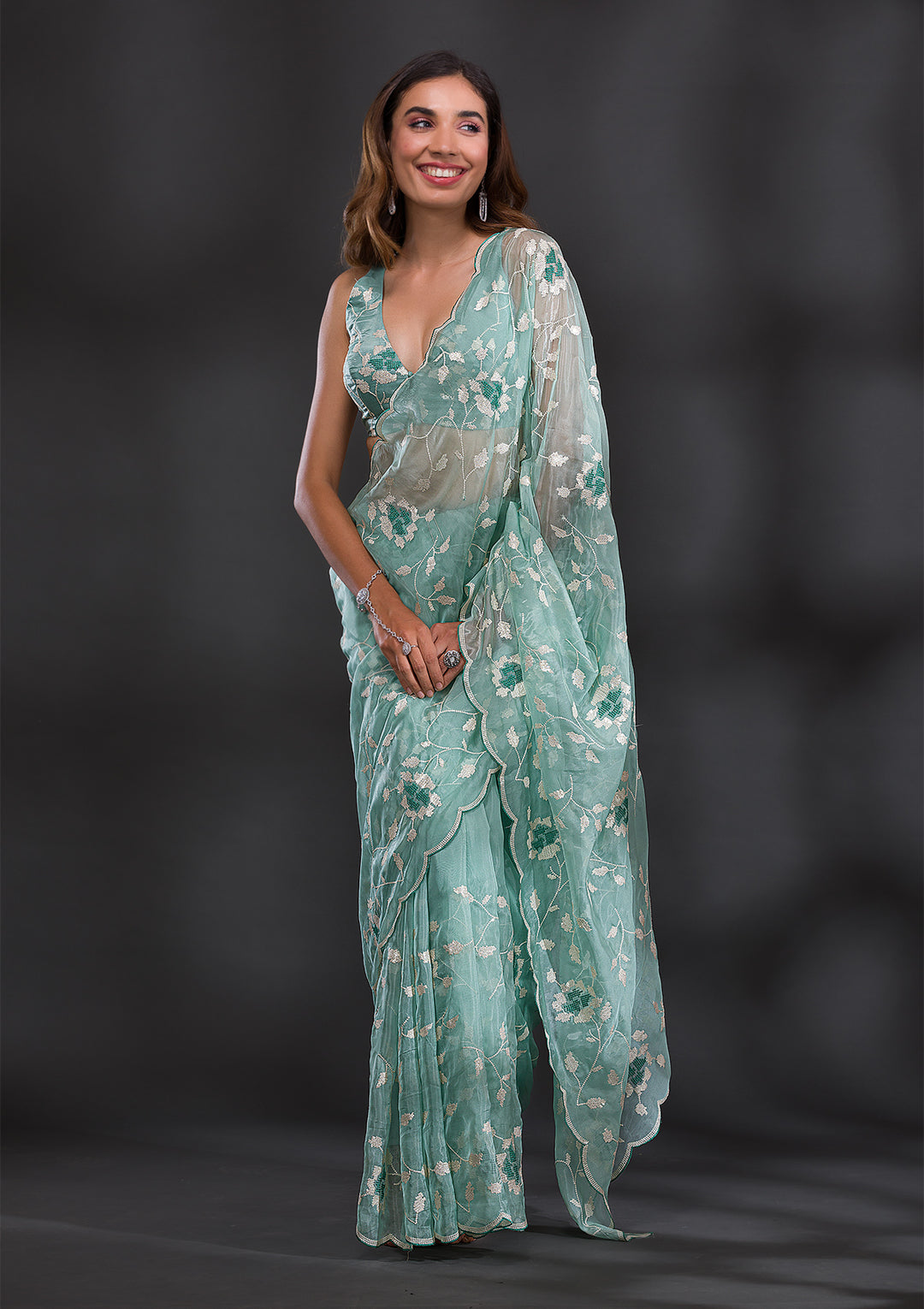 Sea Green Sequins Organza Saree