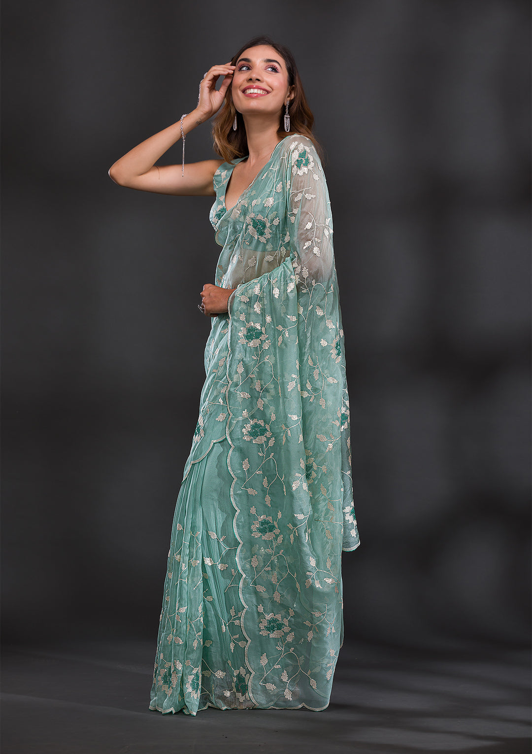 Sea Green Sequins Organza Saree