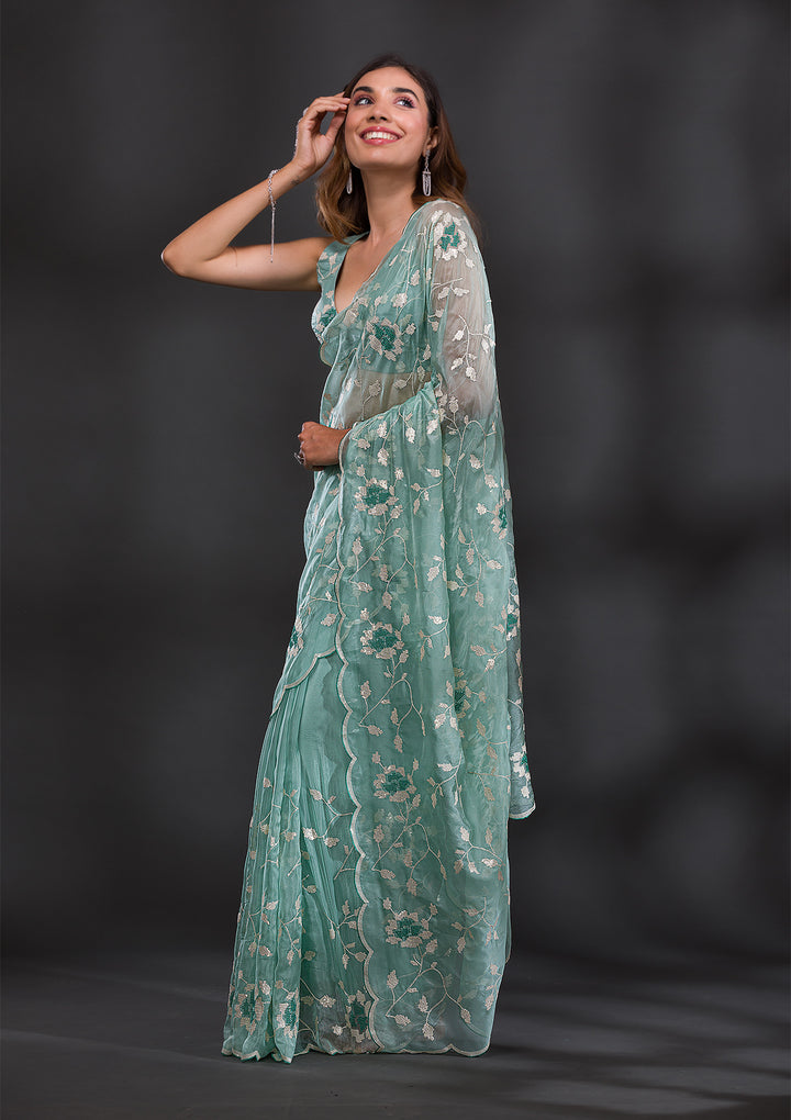 Sea Green Sequins Organza Saree