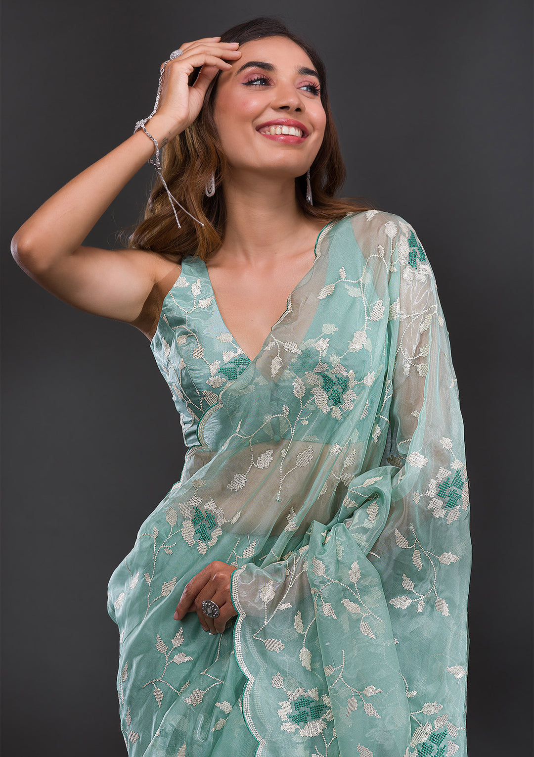 Sea Green Sequins Organza Saree