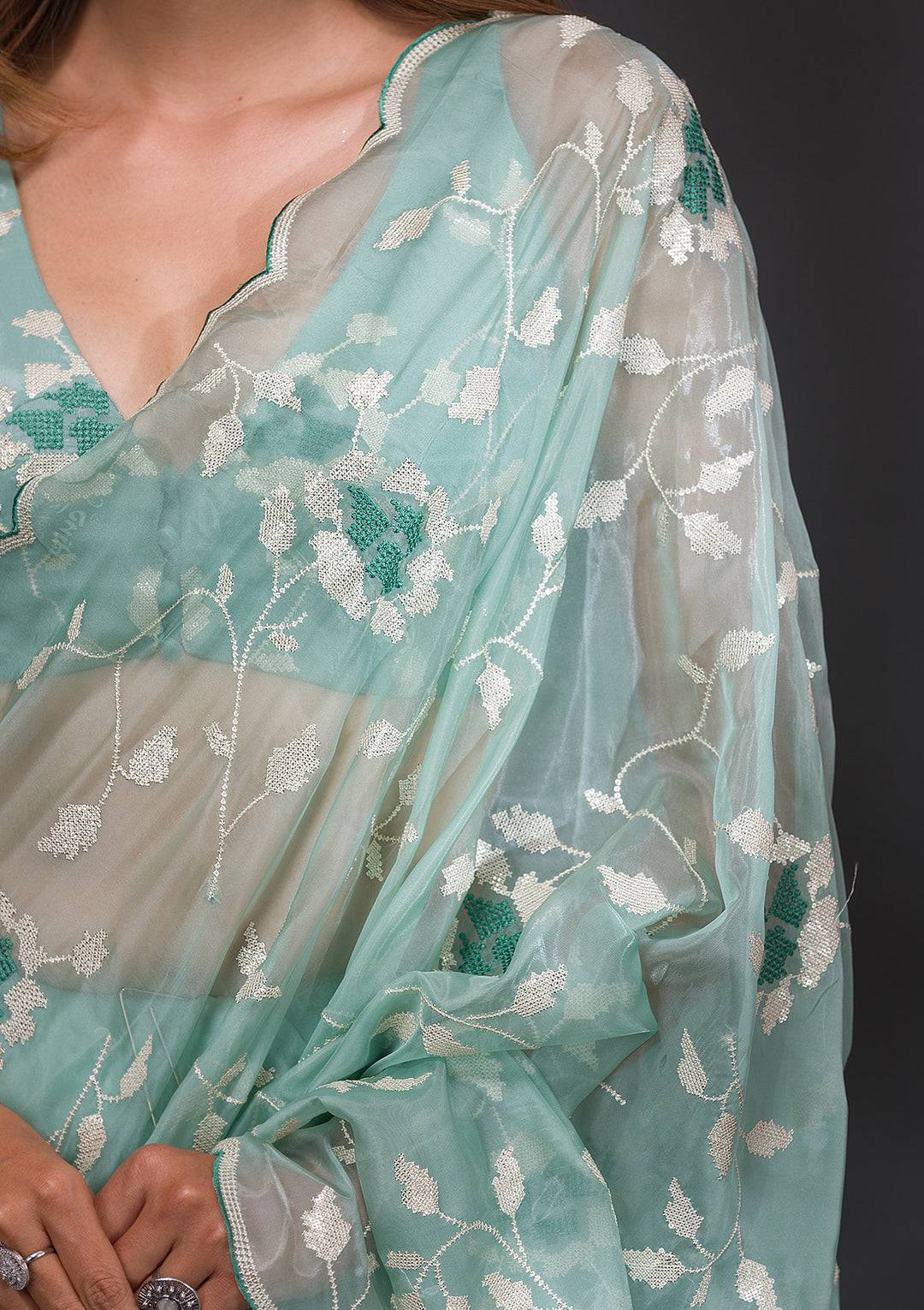 Sea Green Sequins Organza Saree