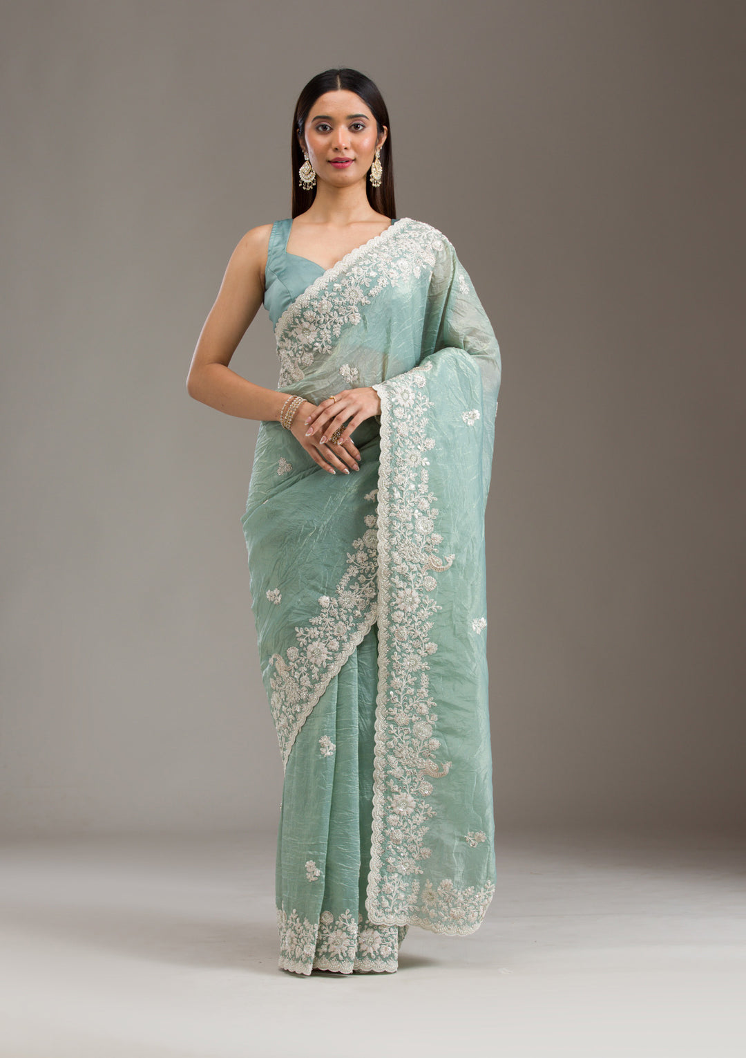 Sea Green Sequins Tissue Saree