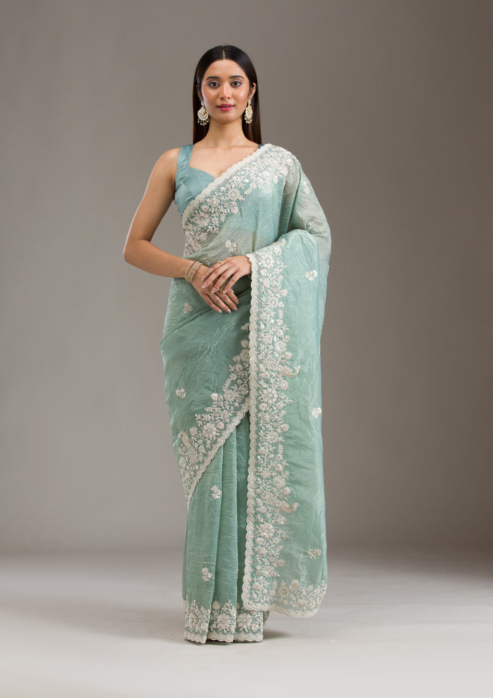 Sea Green Sequins Tissue Saree