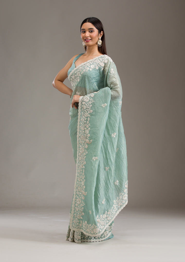 Sea Green Sequins Tissue Saree