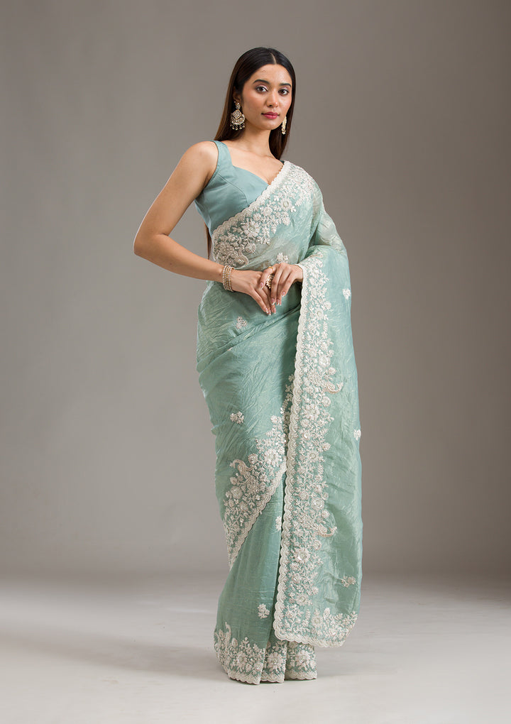Sea Green Sequins Tissue Saree