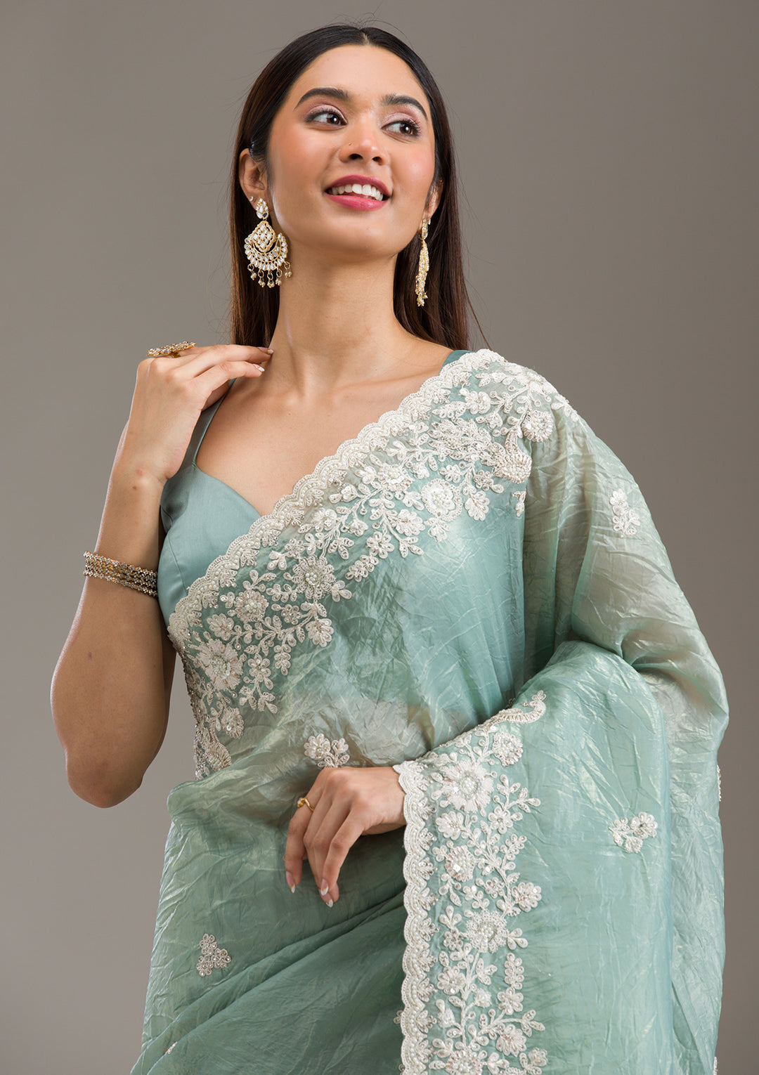 Sea Green Sequins Tissue Saree