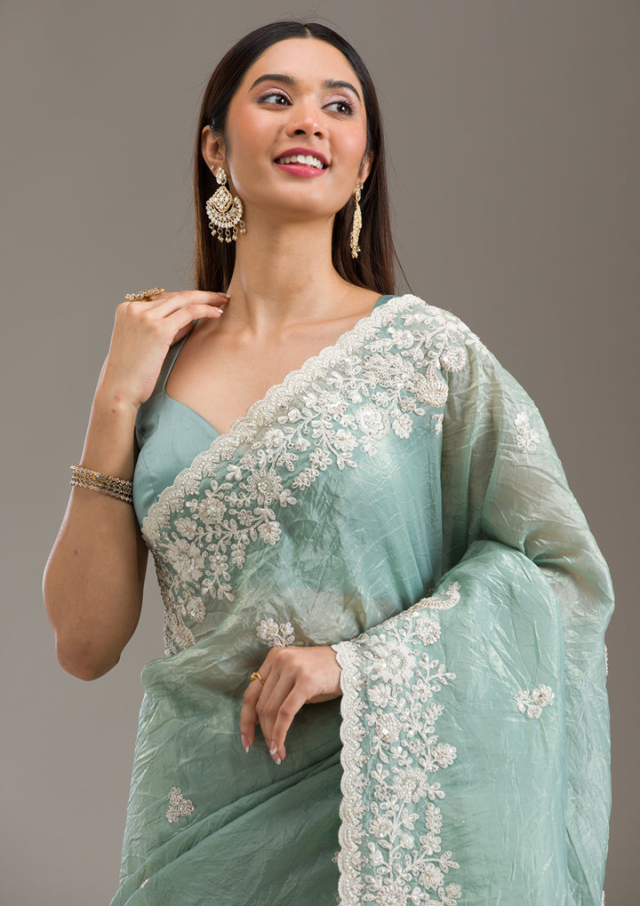 Sea Green Sequins Tissue Saree